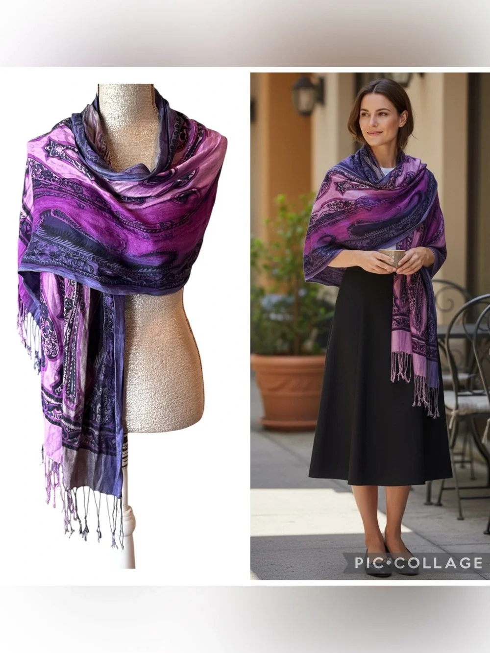 Boho Paisley Fringe Rayon Scarf Purple Pink Blue OS Made in India